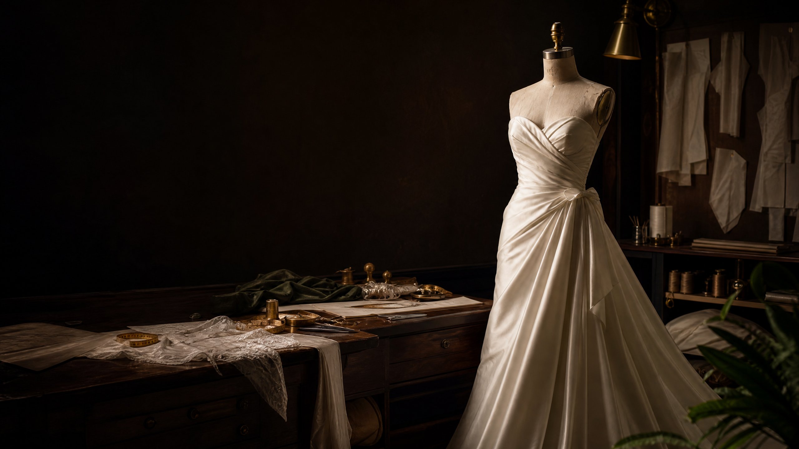 An ivory silk gown on a brass-topped dress form in a dark Shoreditch atelier