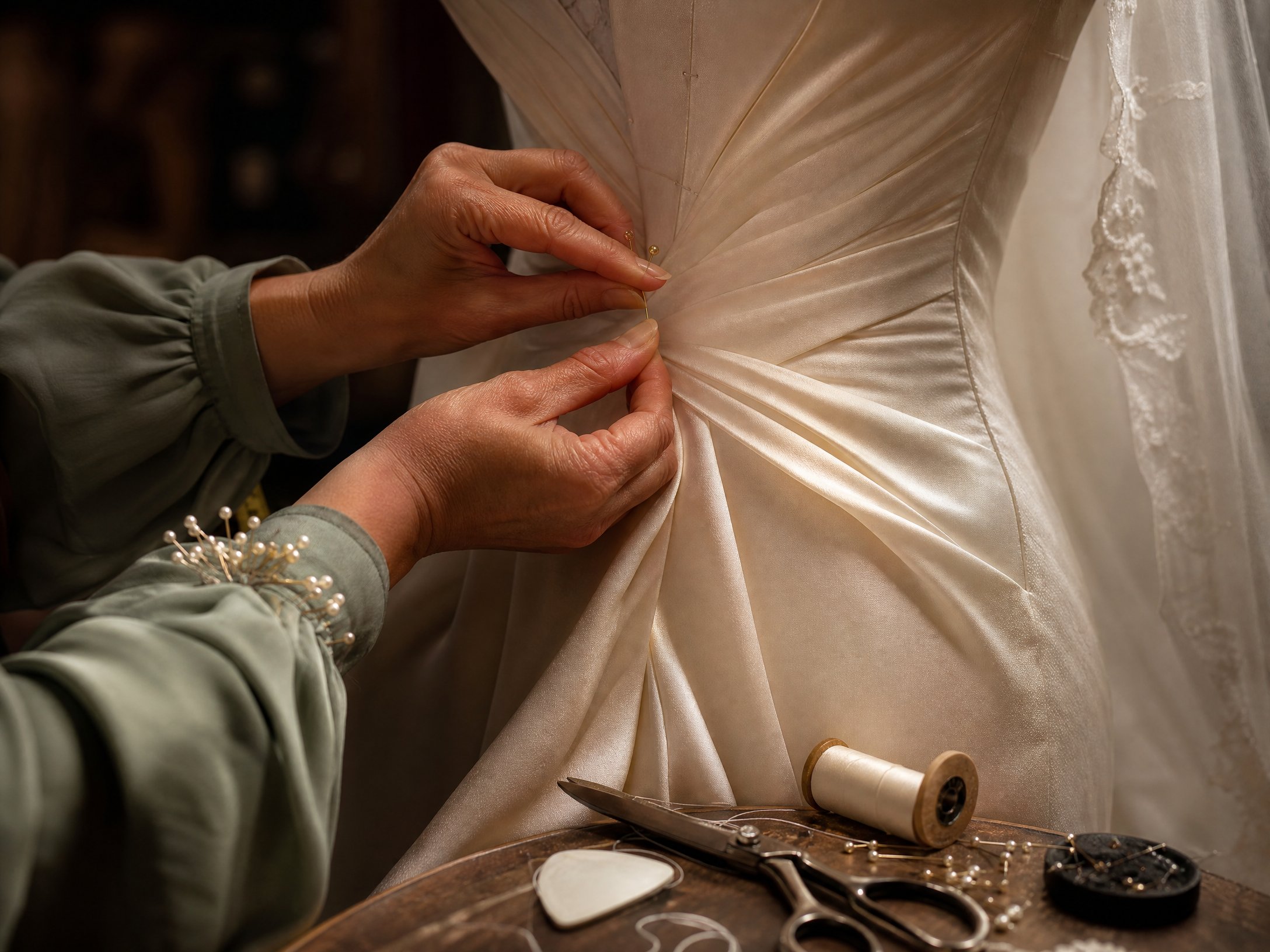 Mara's hands pinning ivory silk at the waist of a gown
